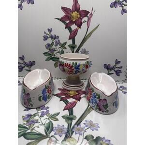 Vintage Czech Hand Painted Ceramic Planter Bowl Set Floral Mid Century